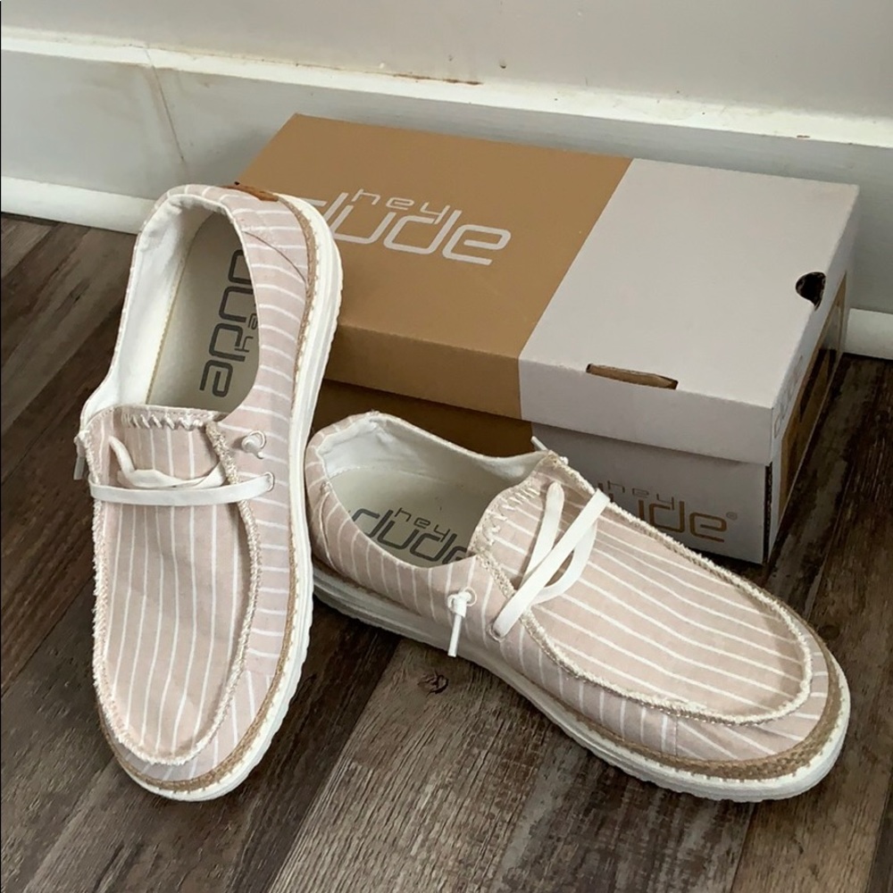 Hey Dude Tan and White Striped Size 8 Loafers